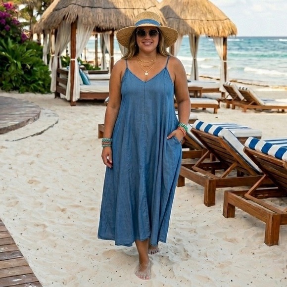 torrid Dresses & Skirts - Torrid Blue Lyocell Maxi Dress Womens 2 Plus Size Spaghetti Strap Pocket Flowy